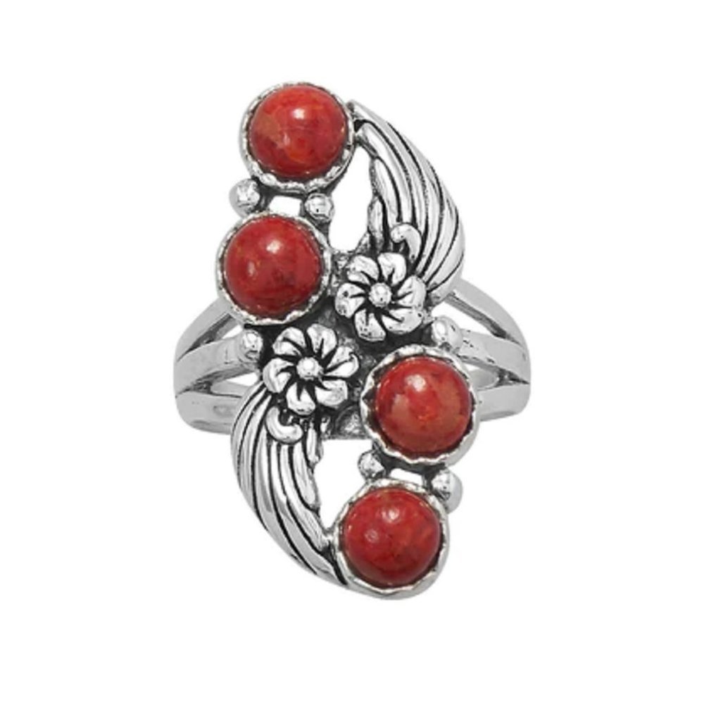 Floral Design Dyed Red Coral Sterling Silver Ring